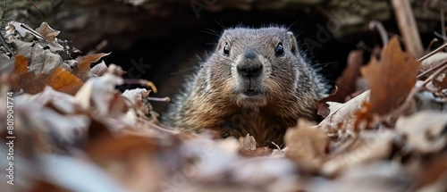 A groundhog peeks out of its burrow. AI. photo
