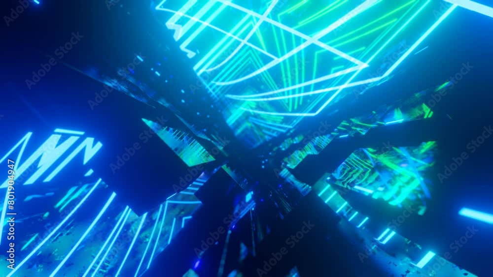 Fly through technology cyberspace with blue green neon glow. Sci-fi flight through hi-tech technology tunnel. Glow line form pattern like sci-fi hologram. 3d looped 4k bright background. Data flow