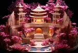 Pink paper model of a traditional Chinese  house with intricate details. AI.
