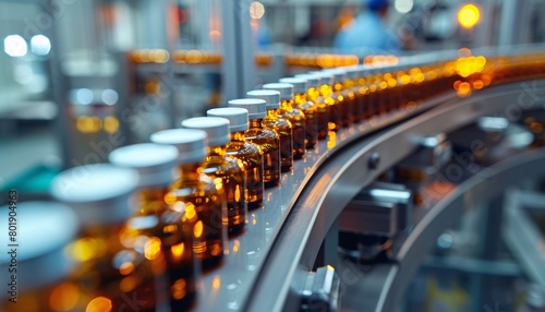 Wallpaper Mural Glass bottles in production in the tray of an automatic liquid dispenser, a line for filling medicines against bacteria and viruses, antibiotics and vaccines. Torontodigital.ca