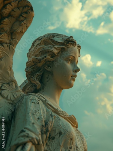Statue of an angel looking down with a serene expression. AI. photo