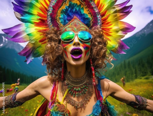 A woman wearing a colorful headdress and sunglasses is standing in a field of flowers with her arms outstretched. AI.
