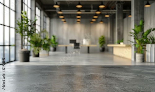 Blurred image of a modern office interior with a large concrete table in the foreground. AI.