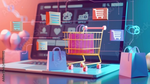 online shopping logos shopping cart and laptop  online shopping interface