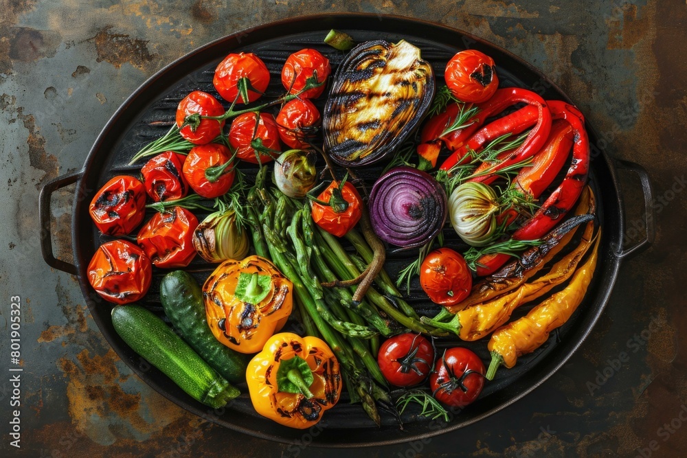 A variety of grilled vegetables on a platter. AI.