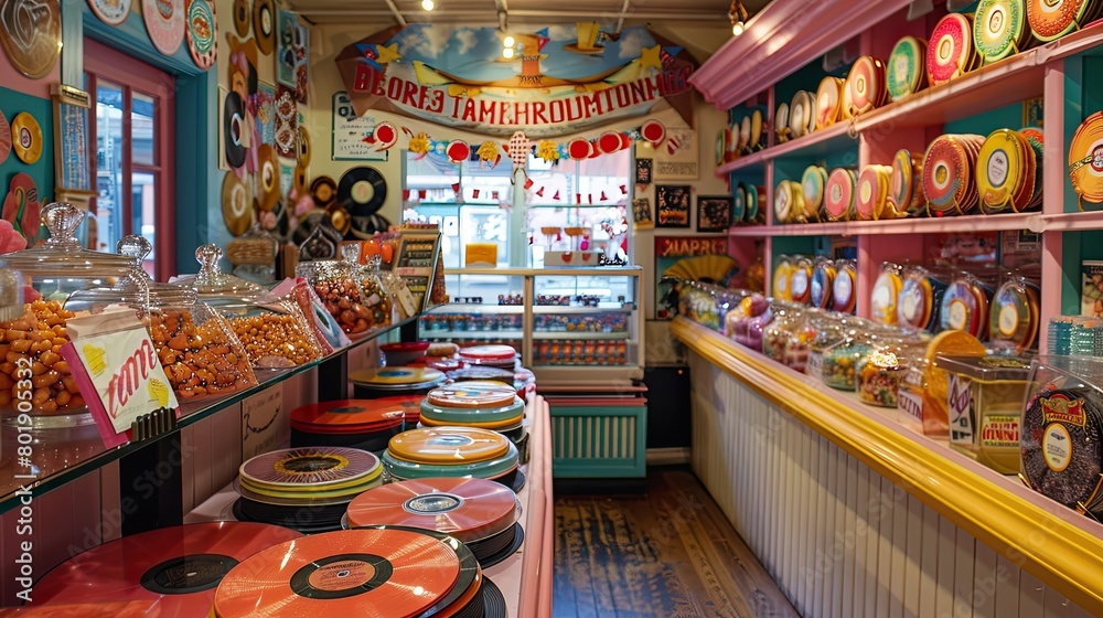 Retro vinyl record-themed candy shop with vinyl record candy displays, vintage candy jars, and old-fashioned treats.