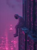 A lonely astronaut sits on a ledge overlooking a futuristic city. AI.