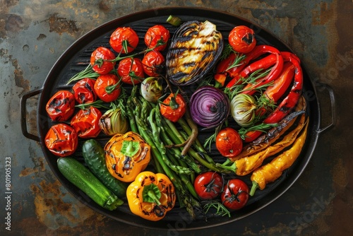 A variety of grilled vegetables on a platter. AI.