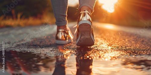 Feet in sports sneakers running on road at sunset,Moment of focus as an athlete ties their sports shoes the first step in a routine of discipline.