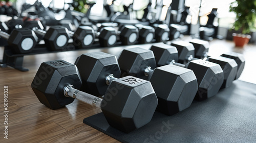 A row of black dumbbells are lined up on a wooden floor. The dumbbells are all the same size and weight  and they are all facing the same direction. Concept of order and organization