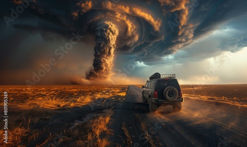 A car drives through a field as a tornado approaches. AI. photo