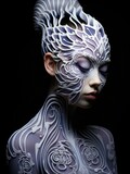 An ethereal woman with a porcelain mask-like face and intricate patterns on her skin. AI.
