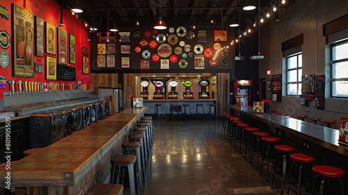 Retro vinyl record-themed craft beer brewery with vinyl record flight trays, vintage arcade games, and live music.