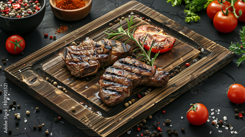 Wooden board with tasty grilled steak tomatoes 