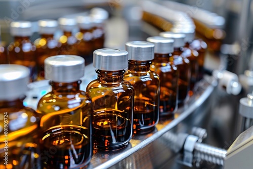 Glass bottles in production in the tray of an automatic liquid dispenser, a line for filling medicines against bacteria and viruses, antibiotics and vaccines.