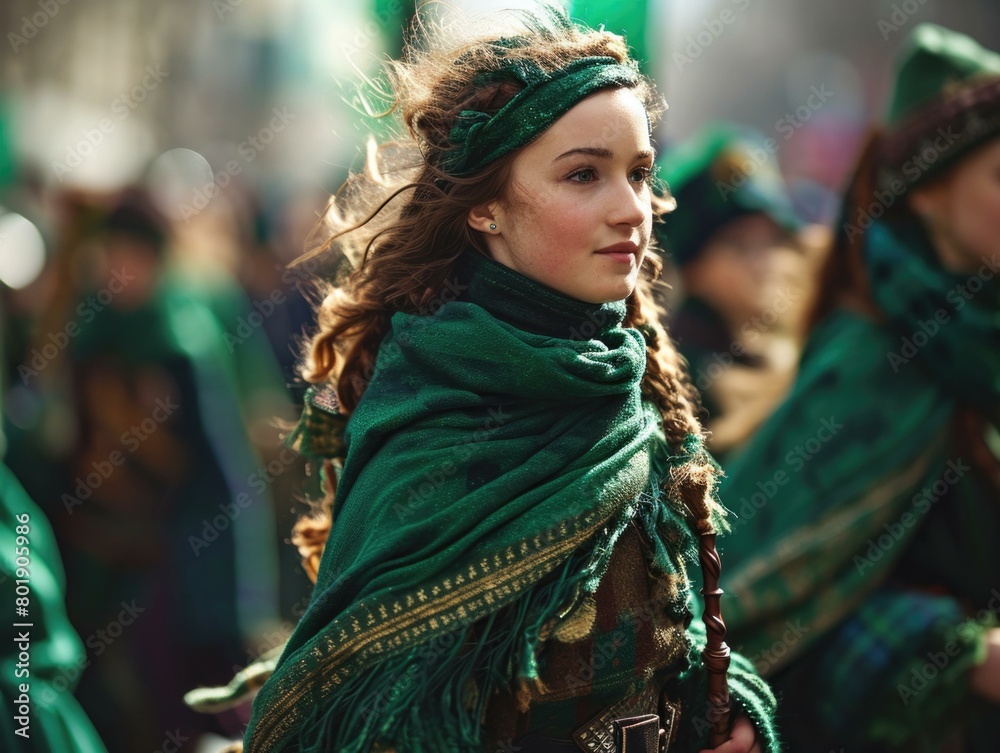 A young woman wearing a green scarf and a green headband is looking to the right. She has long brown hair and green eyes. She is wearing a traditional Irish dress. AI.