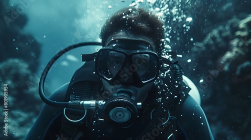 Diver Equipped with Scuba Gear Exploring the Depths of the Mysterious Underwater World