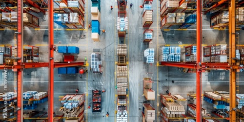 Boxes and shelves in a warehouse seen from above. AI. photo
