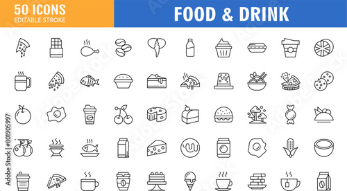Food and drinks line icons set. Editable stroke. Vector illustration