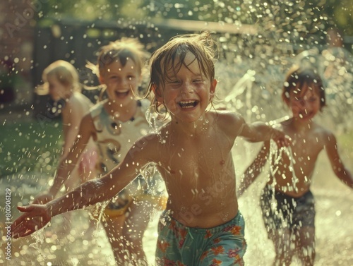 Four happy children are playing in a sprinkler in the summer. AI.