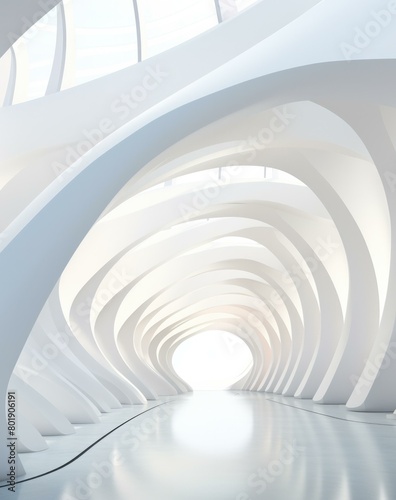 Futuristic tunnel made of white marble. AI.