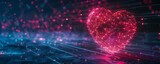 Pink heart made of glowing dots moves along a circuit board. AI.