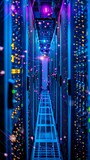 Rows of server racks with bright lights in a data center. AI.
