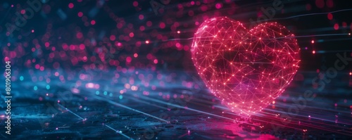 Pink heart made of glowing dots moves along a circuit board. AI. photo