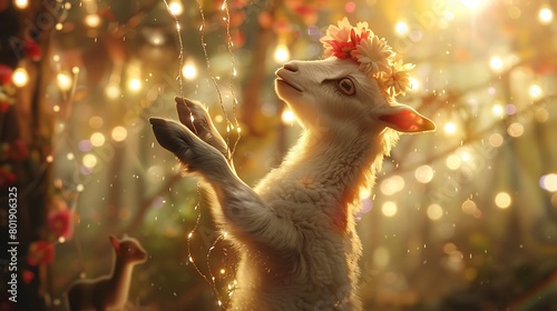 An adorable baby goat wearing a flower crown, standing on hind legs to reach a dangling string of fairy lights, with a whimsical woodland setting in the background