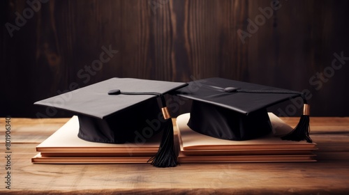 Symmetrical photo of a graduation cap centered between two diplomas, on a wooden background, photo