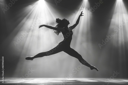 Silhouette of a dancer leaping in spotlight. AI.