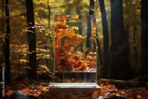 Contemporary glass podium in a forest during autumn, showcasing products against a backdrop of falling leaves,