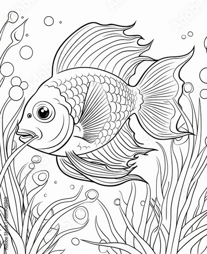 coloring page, joyful angelfish maneuvering through a sea anemone, muted tones, serene environment, bird seye view, simple cartoon style, no shading, no color photo