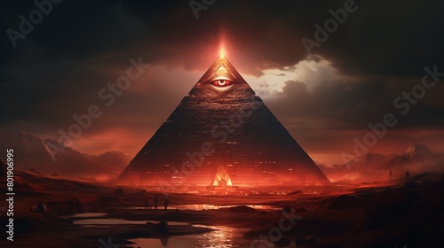 A pyramid with an all-seeing eye against a glamorous background.