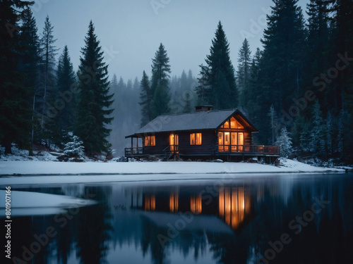 Tranquil Cabin perched by the lake's edge, veiled in fog amid a coniferous woodland on a frosty night, its windows casting a comforting radiance.