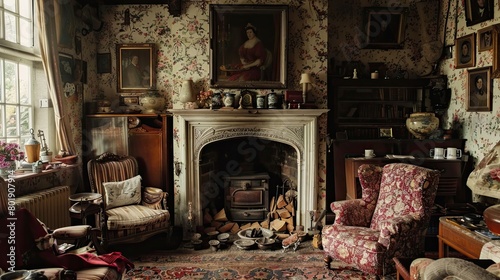 Traditional English country house with floral chintz, cozy fireplace, and antique furniture.