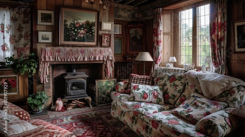 Traditional English country house with floral chintz, cozy fireplace, and antique furniture.