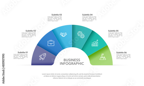 6 process infographic semicircle design template. Diagram, annual report, marketing, planning, business presentation, and organization. Vector illustration.