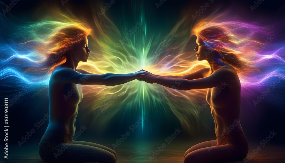 A digital art piece depicting two bodies with colorful energy flows and auras merging together