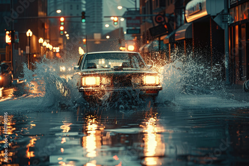 After the flood  an SUV drives through a flooded street  splashing water.  