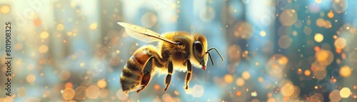 Worker bee carrying pollen, superimposed on a cityscape, symbolizing urban beekeeping, suitable for sustainabilityfocused urban initiatives © kitidach