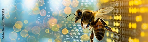 Worker bee carrying pollen, superimposed on a cityscape, symbolizing urban beekeeping, suitable for sustainabilityfocused urban initiatives photo