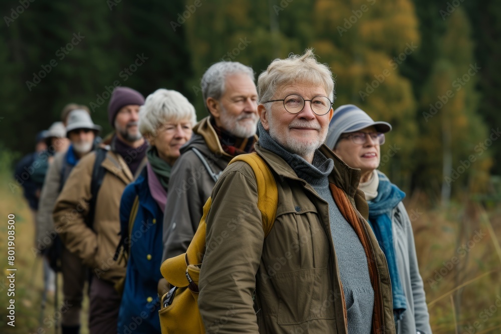 Group of senior friends hiking together in the forest. They are looking at camera and smiling. Group of senior friends hiking together in the forest. They are looking at camera and smiling.
