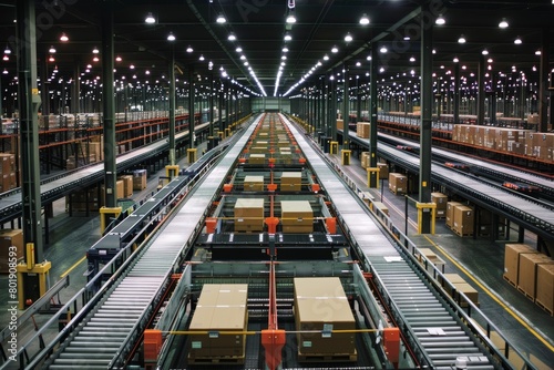 Aerial view of a modern, highly organized distribution warehouse at night