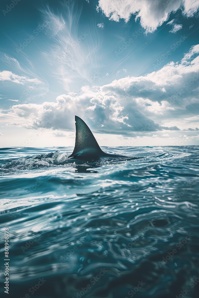 Fototapeta premium Shark fin on ocean surface in cloudy clear sky 