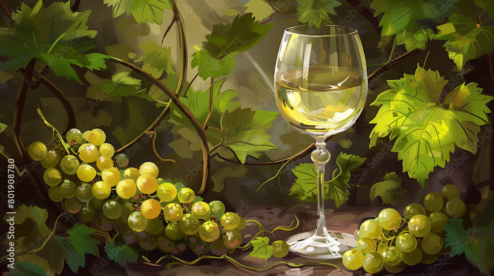 drawing of a glass of white wine on a background of green grapes and vines. Beautiful Stock greeting Card for International Viognier Day 
