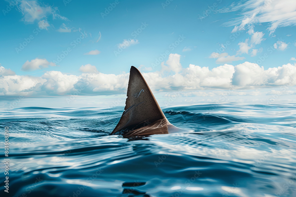 Fototapeta premium Shark fin on ocean surface in cloudy clear sky