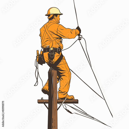 A man in orange jumpsuit is working on a power line