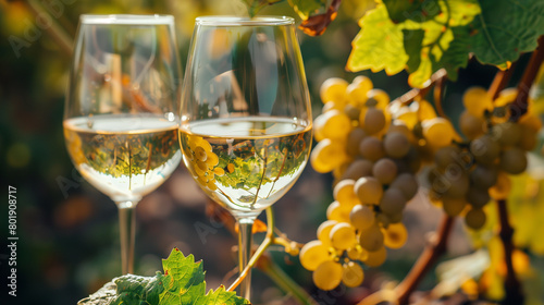 reflection of grapes in wine glasses. two glasses of white wine on a background of green grapes and vines. a postcard to advertise white wine.