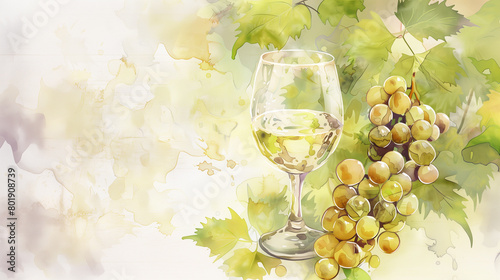 drawing of a glass of white wine on a background of green grapes and vines. Beautiful Stock greeting Card for International Viognier Day 